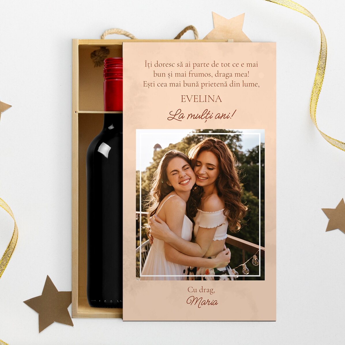 Cutie de vin pentru 2 sticle personalizată cu o poză și mesaj - Cu drag