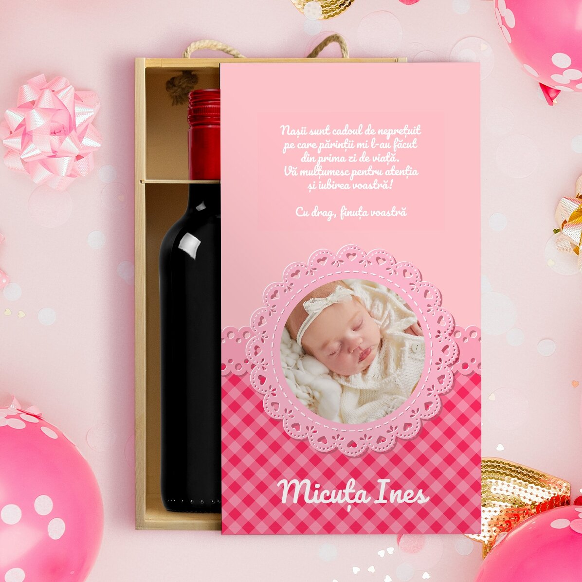 Cutie de vin pentru 2 sticle personalizată cu text pentru nasi - Fetiță