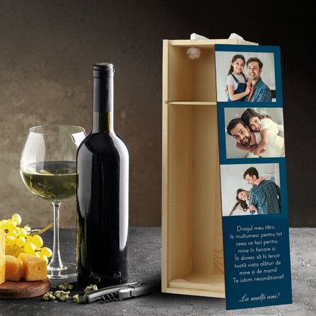 Cutie de vin personalizată cu 3 poze și text pentru cei dragi