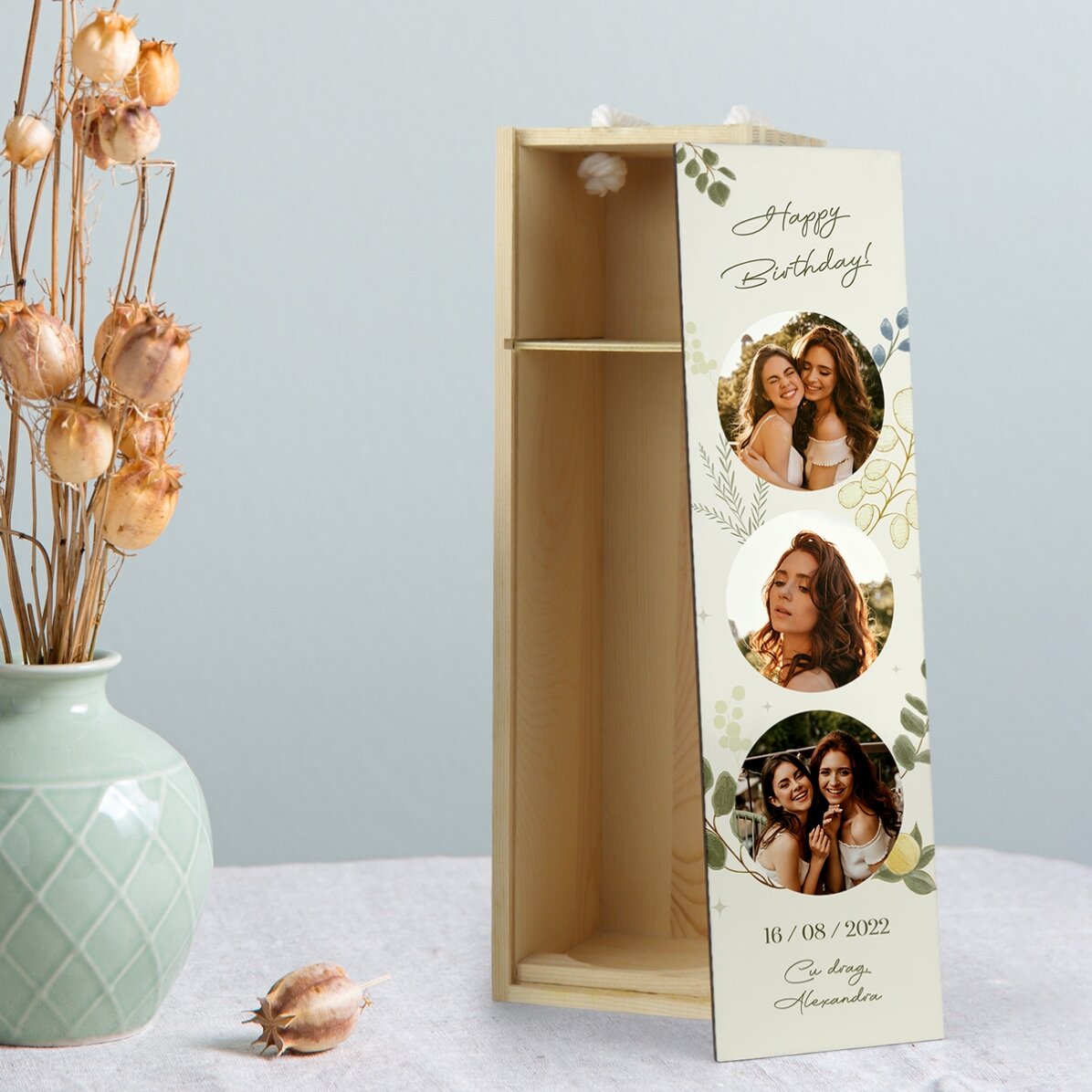 Cutie de vin personalizată cu 3 poze și text - Pentru ea