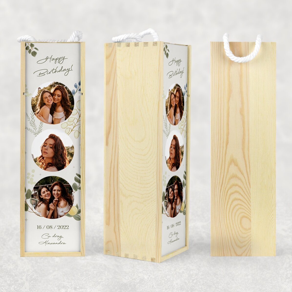 Cutie de vin personalizată cu 3 poze și text - Pentru ea