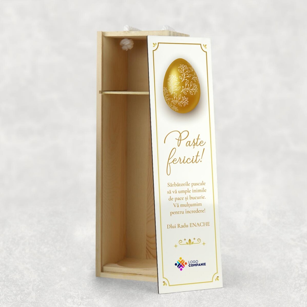 Cutie de vin personalizată cu logo și mesaj - Paște fericit!