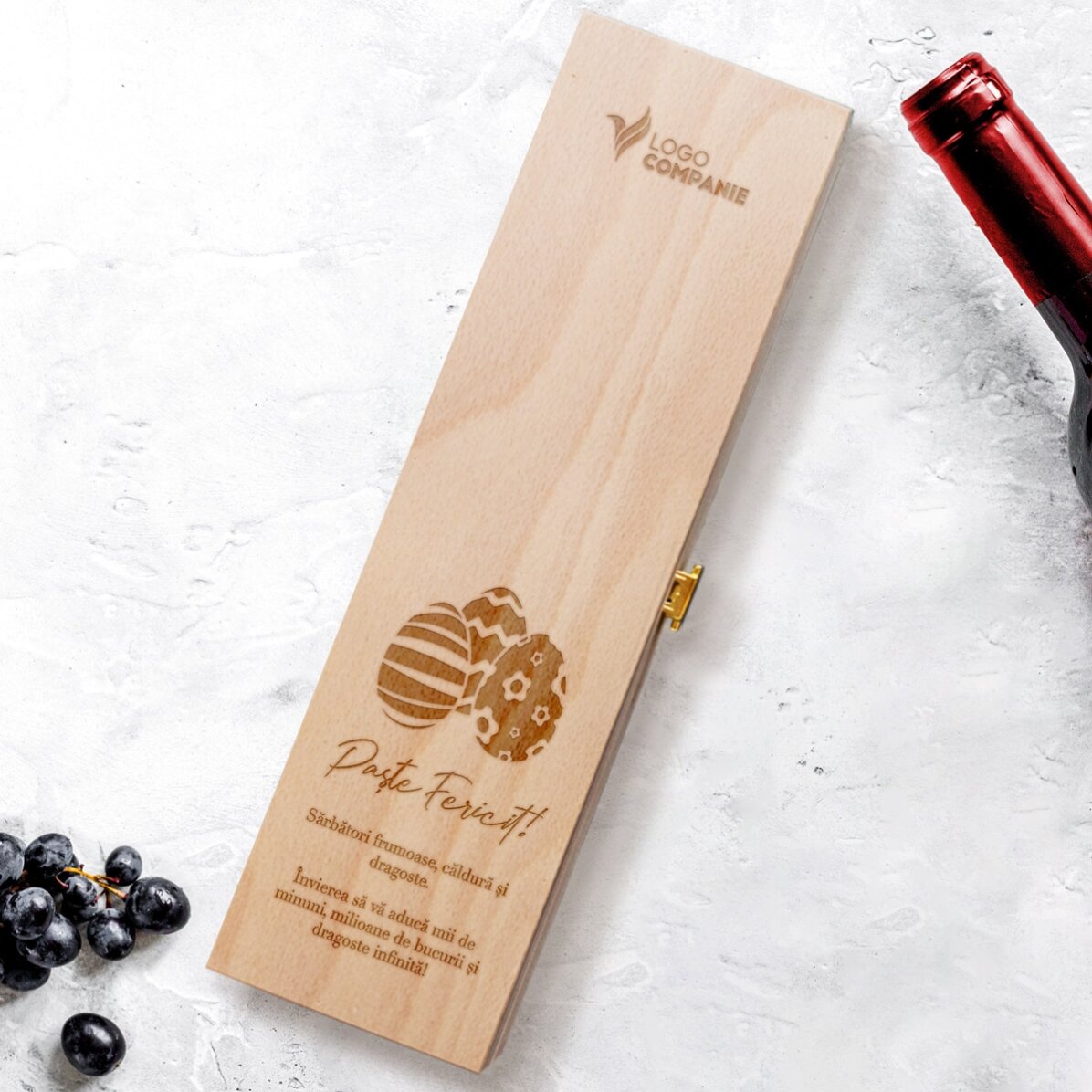 Cutie de vin personalizată cu logo și mesaj pentru Paște