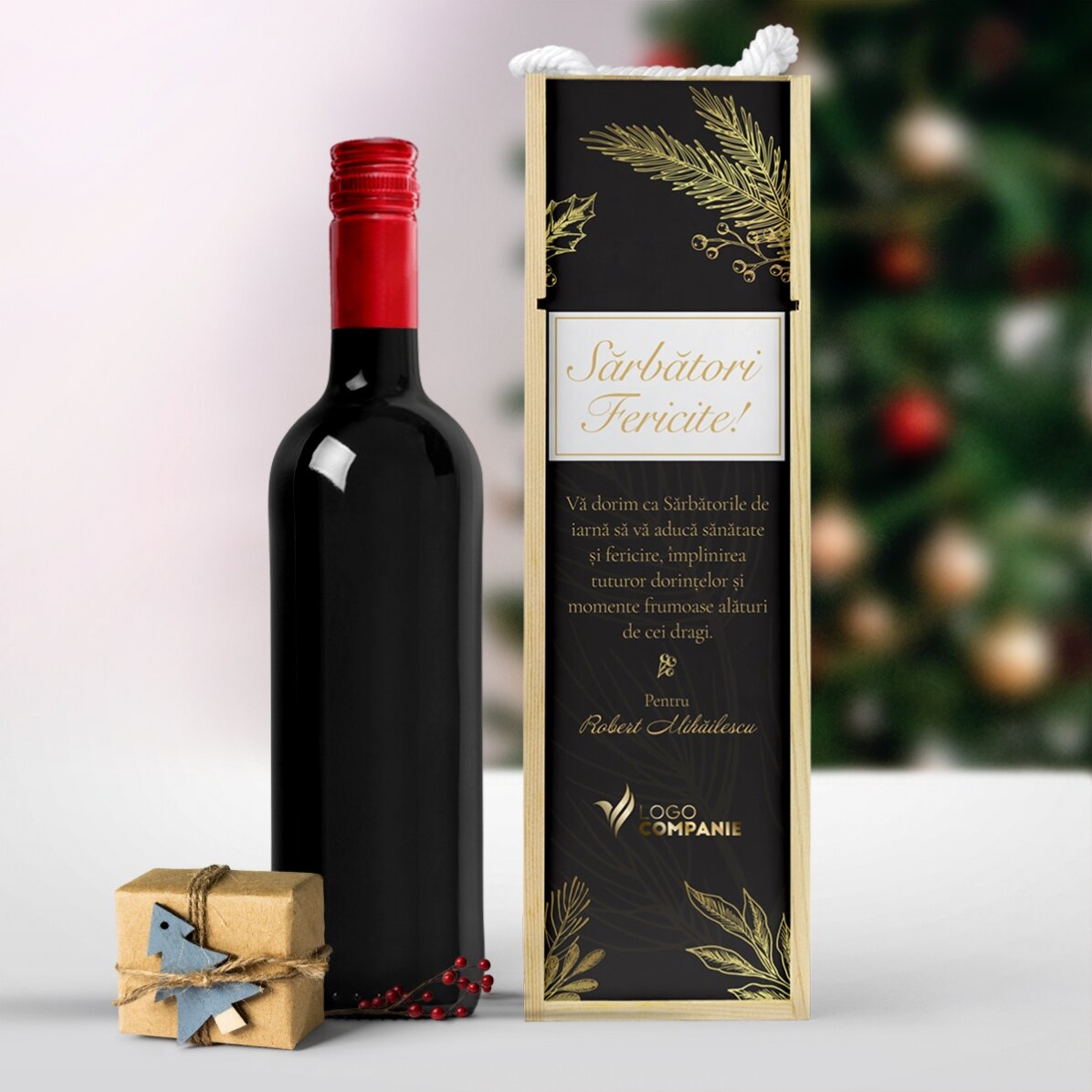 Cutie de vin personalizată cu logo și text - Sărbători fericite!