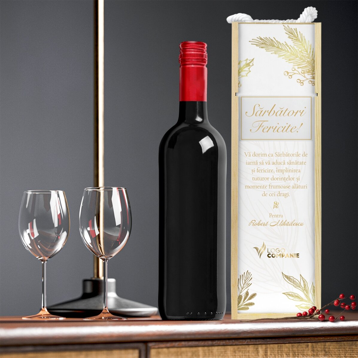 Cutie de vin personalizată cu logo și text - Sărbători fericite!