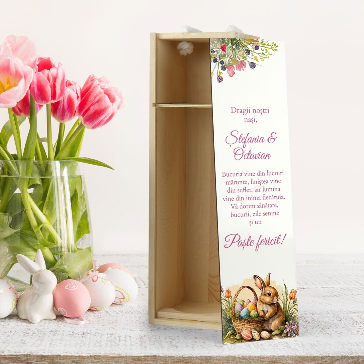 Cutie de vin personalizată cu mesaj de Paște