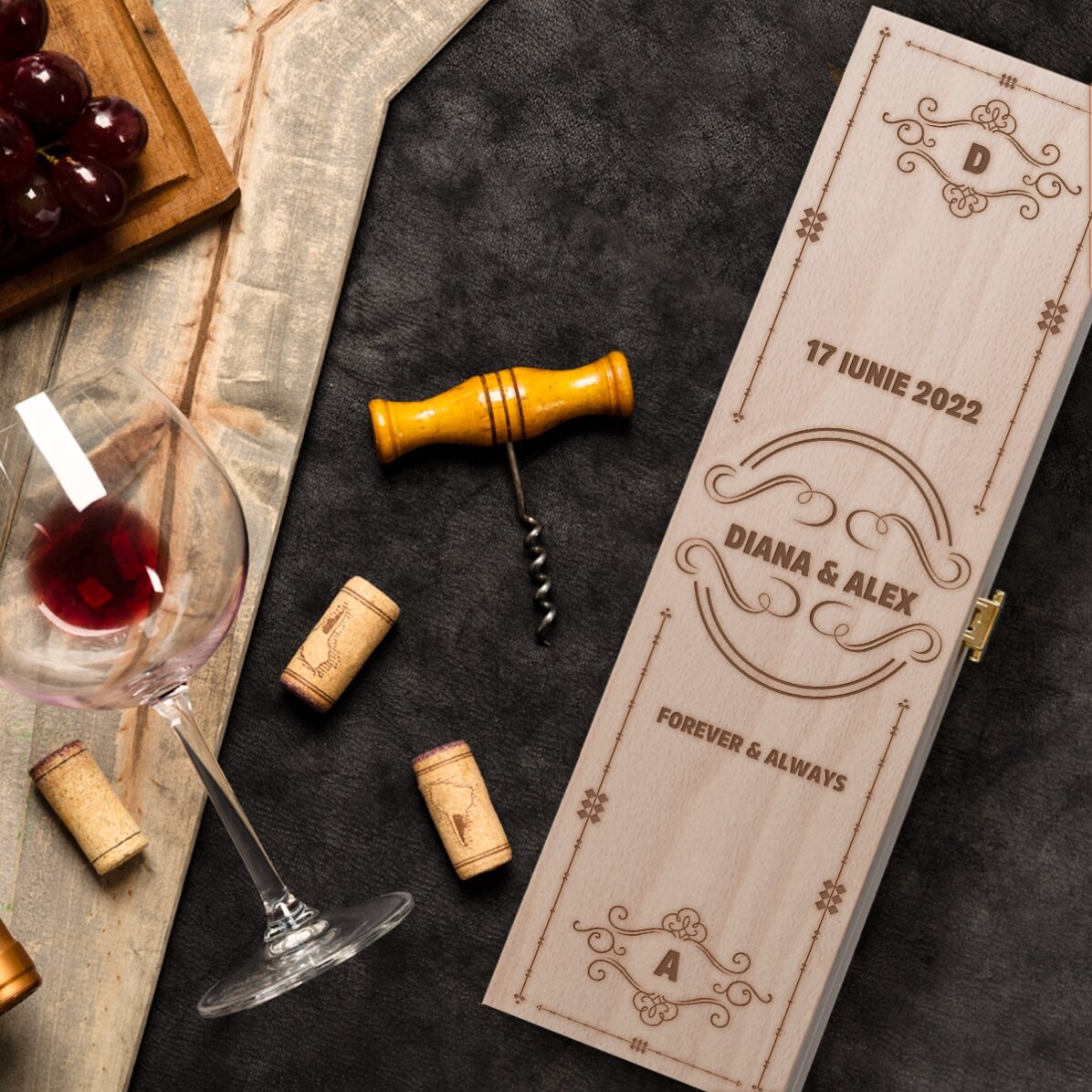 Cutie de vin personalizată cu nume și text - Pentru totdeauna