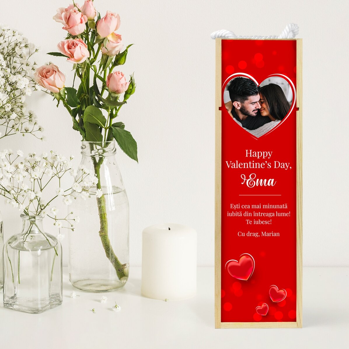 Cutie de vin personalizată cu o poză și mesaj - Happy Valentine