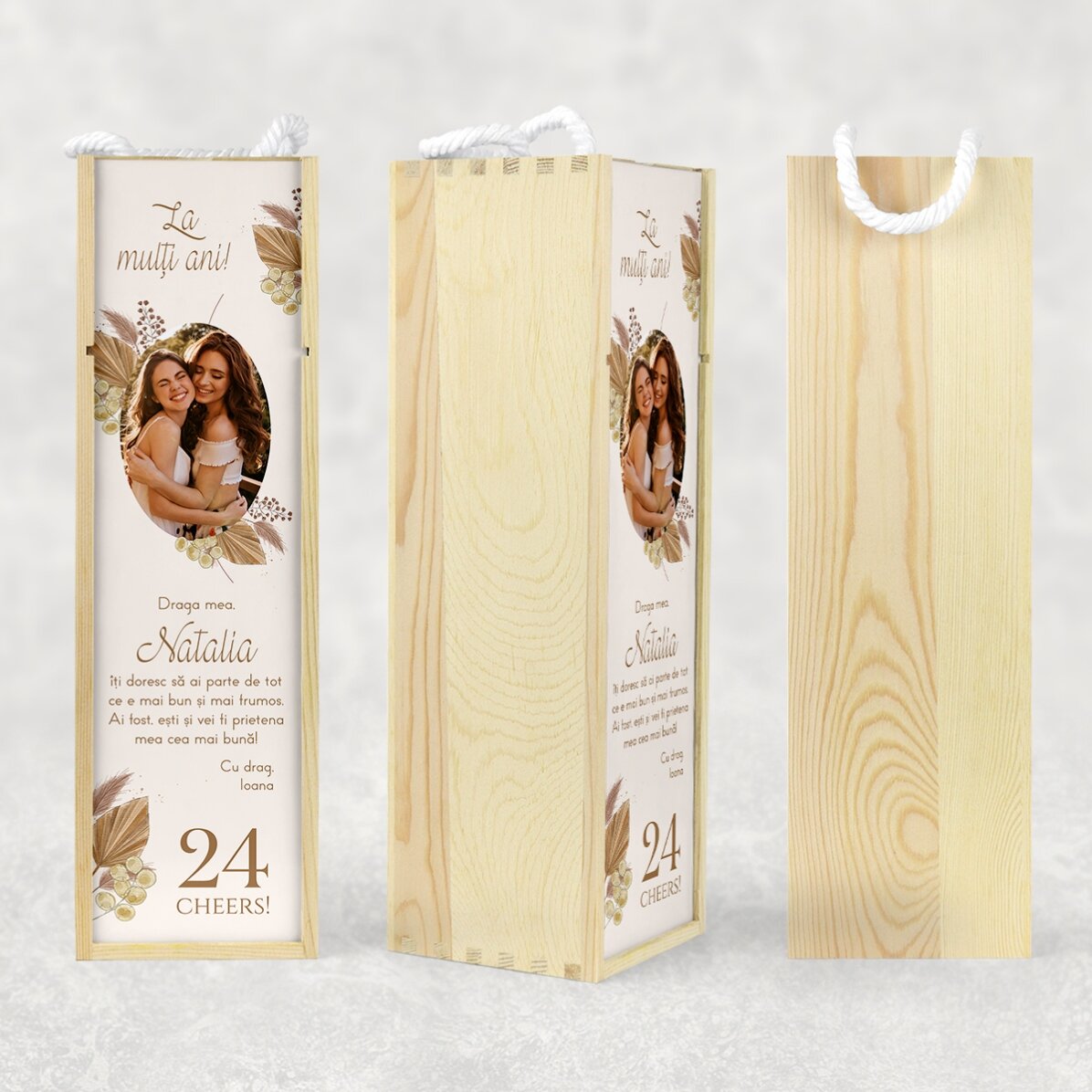 Cutie de vin personalizată cu poză și text - La mulți ani