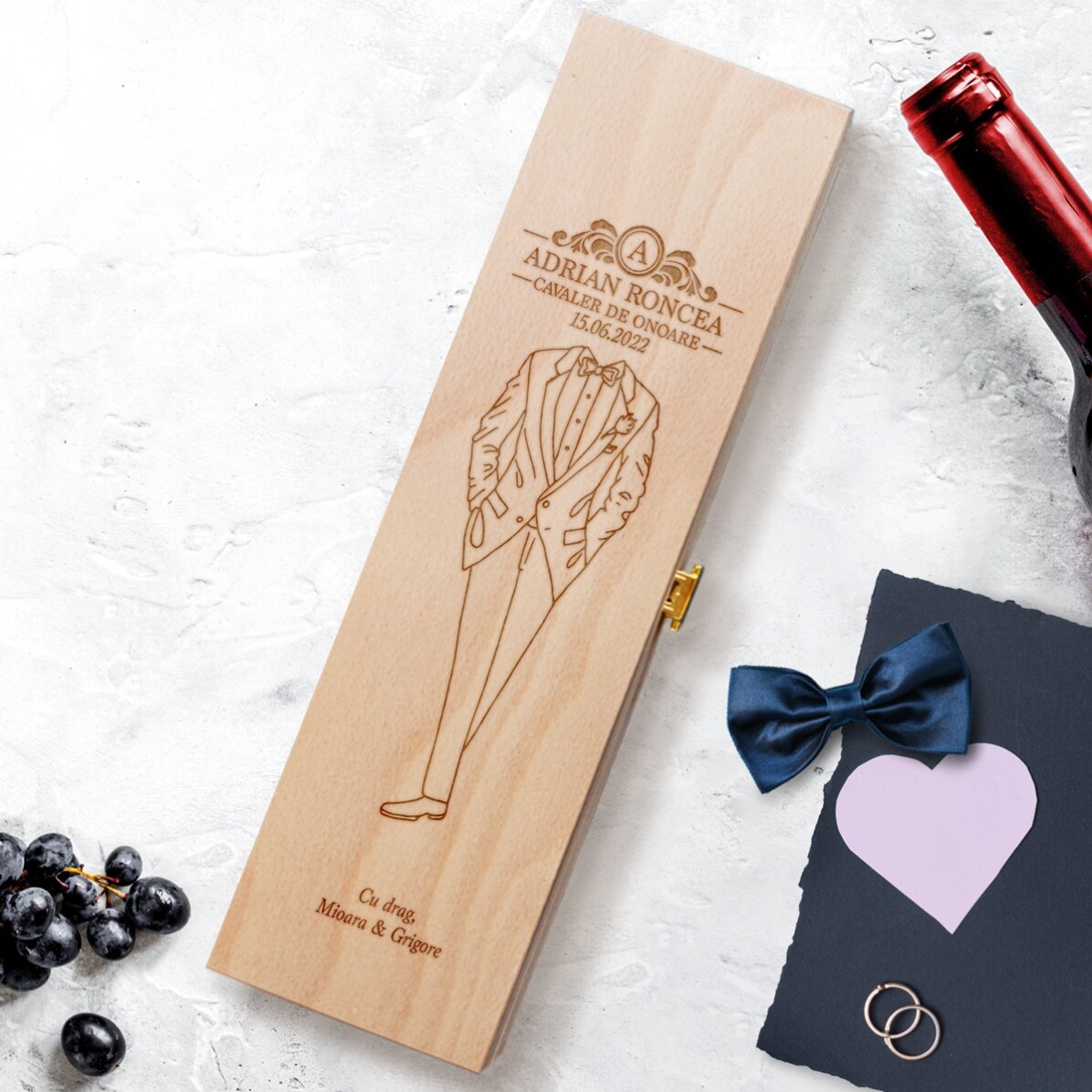 Cutie de vin personalizată cu text - Cavaler de onoare