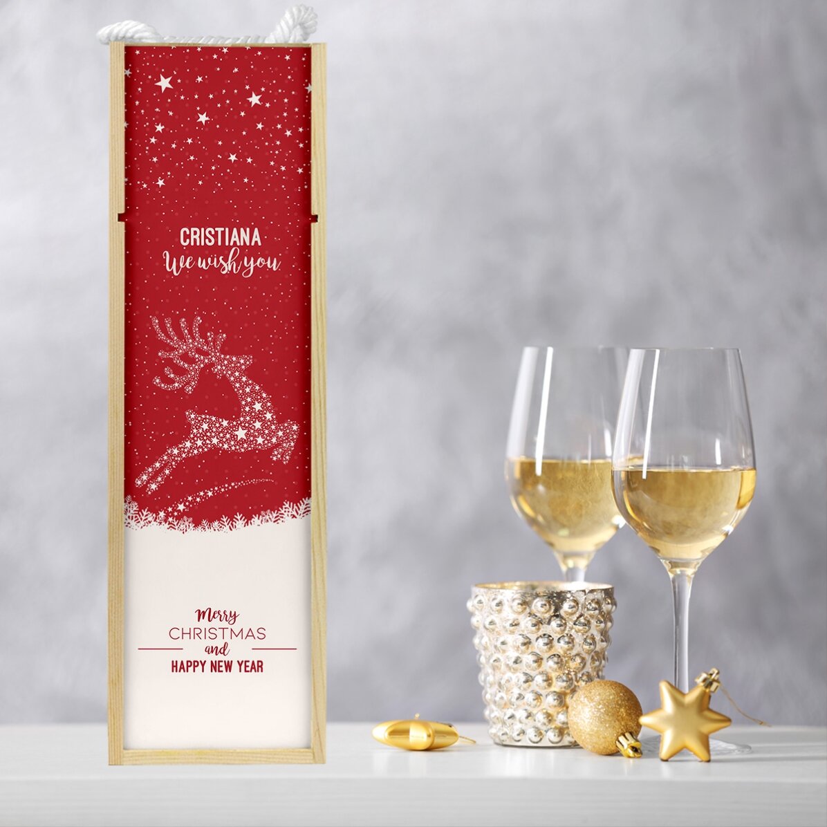 Cutie de vin personalizată cu text - Model Reni