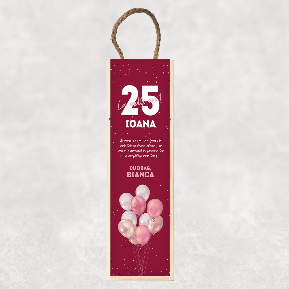 Cutie de vin personalizată cu text pentru zi de naștere - Baloane