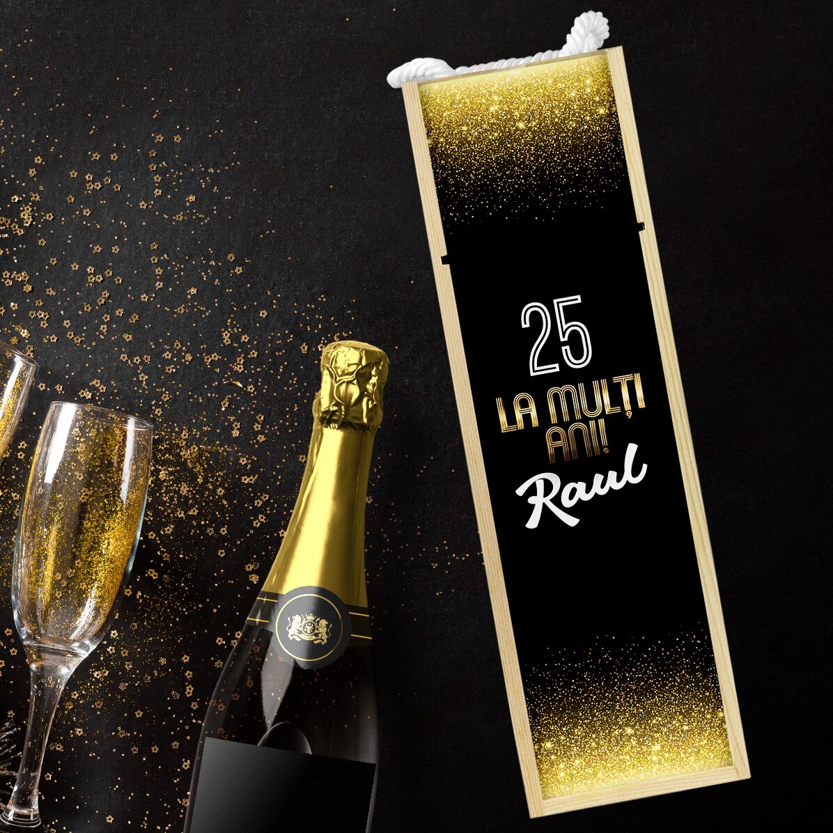 Cutie de vin personalizată cu text pentru zi de naștere - Glitter