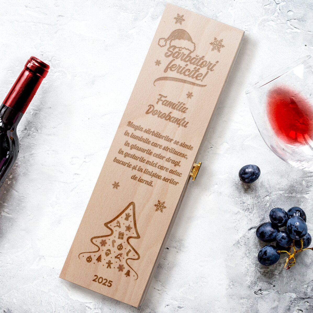 Cutie de vin personalizată cu text - Sărbători fericite!
