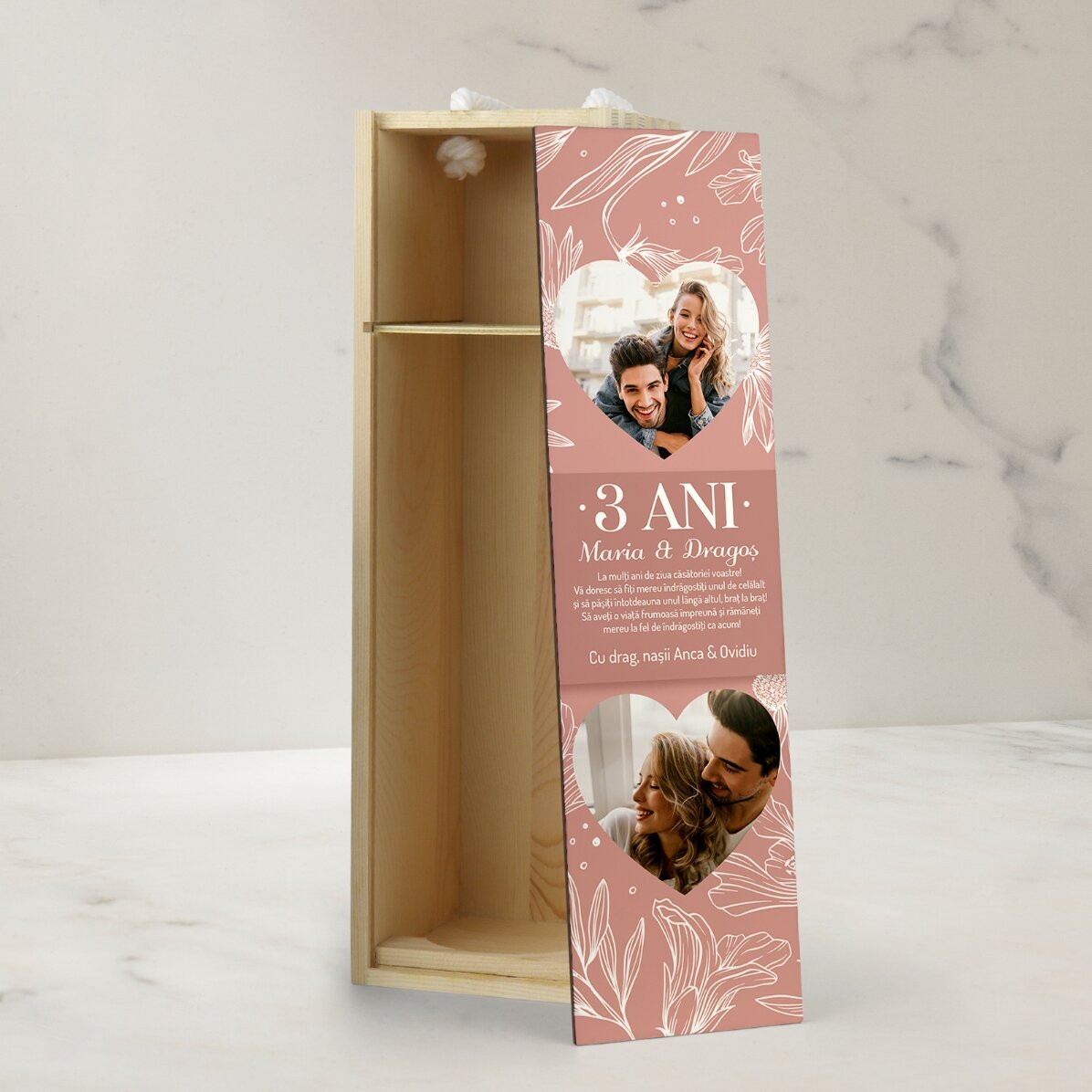 Cutie de vin personalizată cu text și 2 poze - Aniversare căsătorie