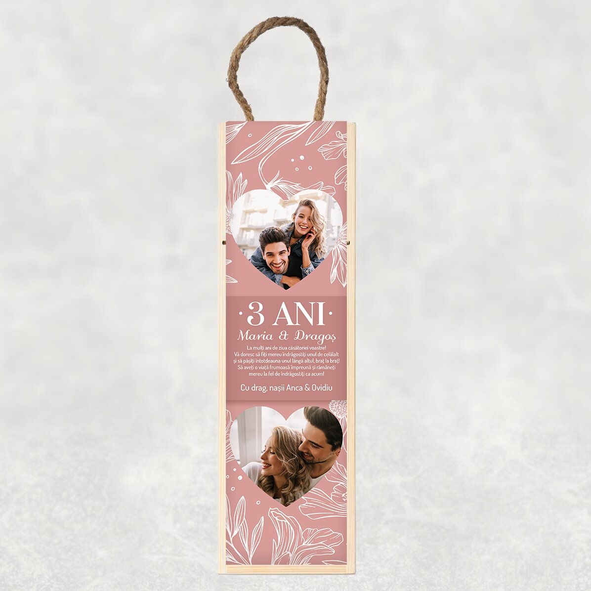 Cutie de vin personalizată cu text și 2 poze - Aniversare căsătorie