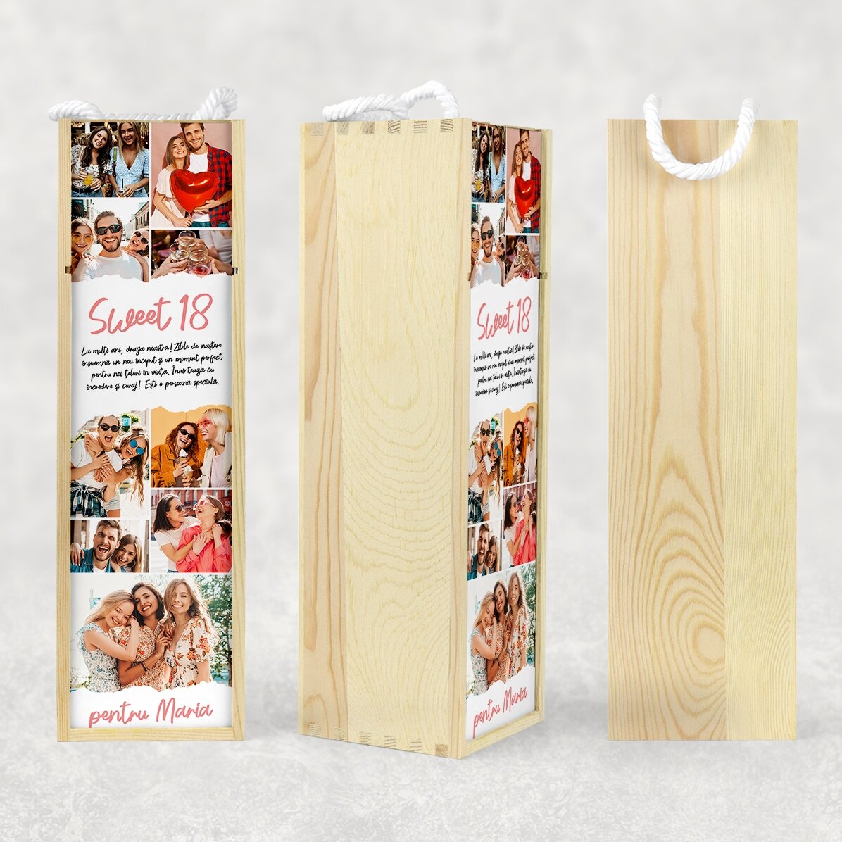 Cutie de vin personalizată cu text și 9 poze pentru zi de naștere - Sweet 18