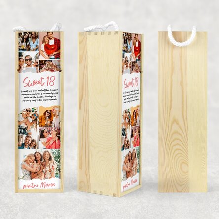 Cutie de vin personalizată cu text și 9 poze pentru zi de naștere - Sweet 18