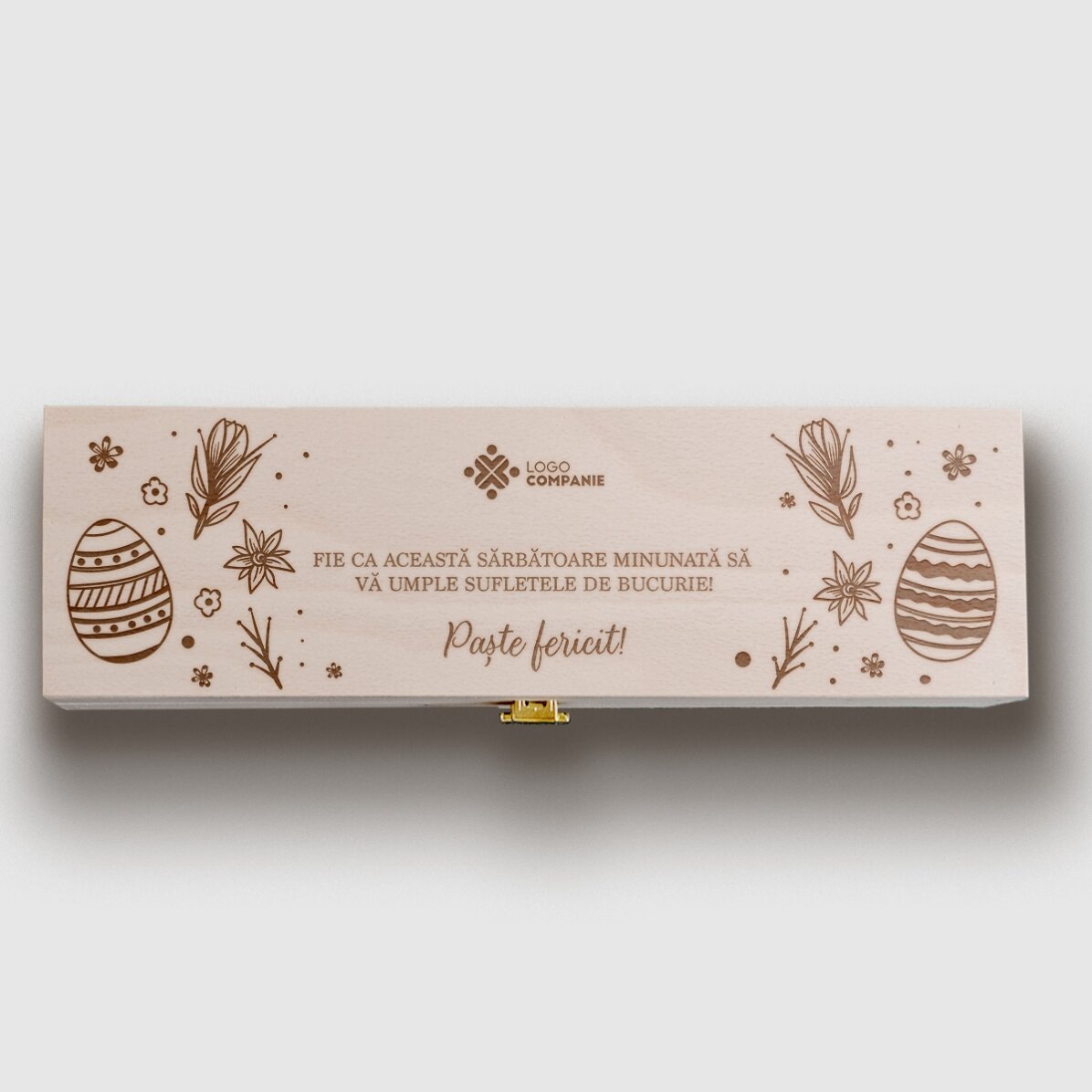 Cutie de vin personalizată cu text și logo - Paște fericit