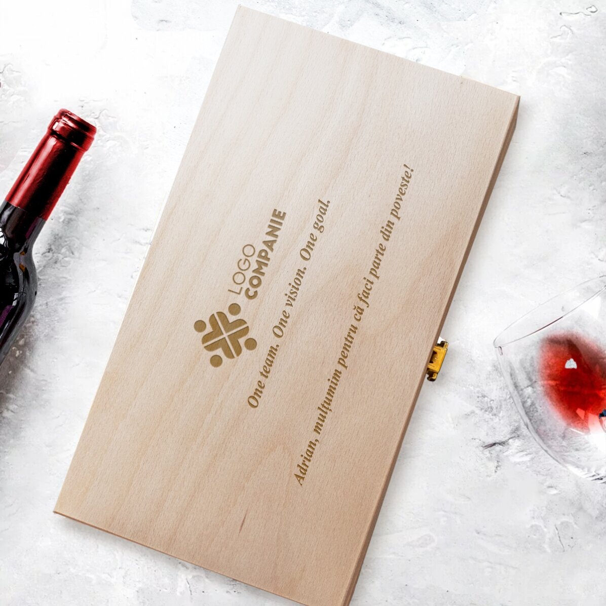 Cutie de vin personalizată pentru două sticle de vin cu logo și text - Mulțumim