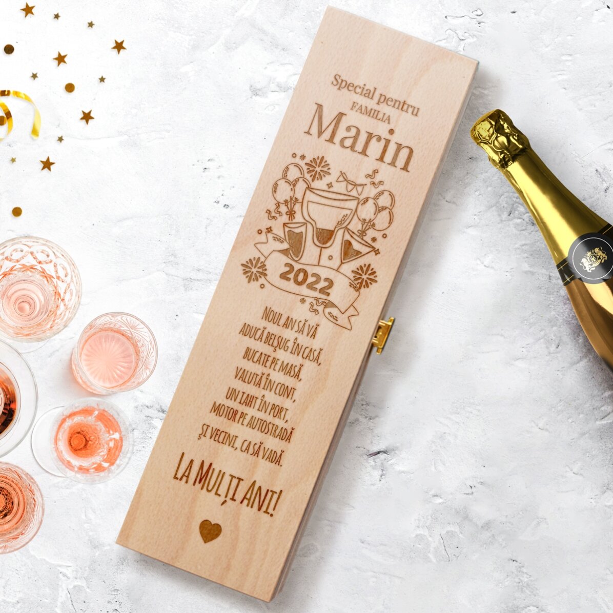 Cutie de vin spumant personalizată cu mesaj pentru Anul Nou