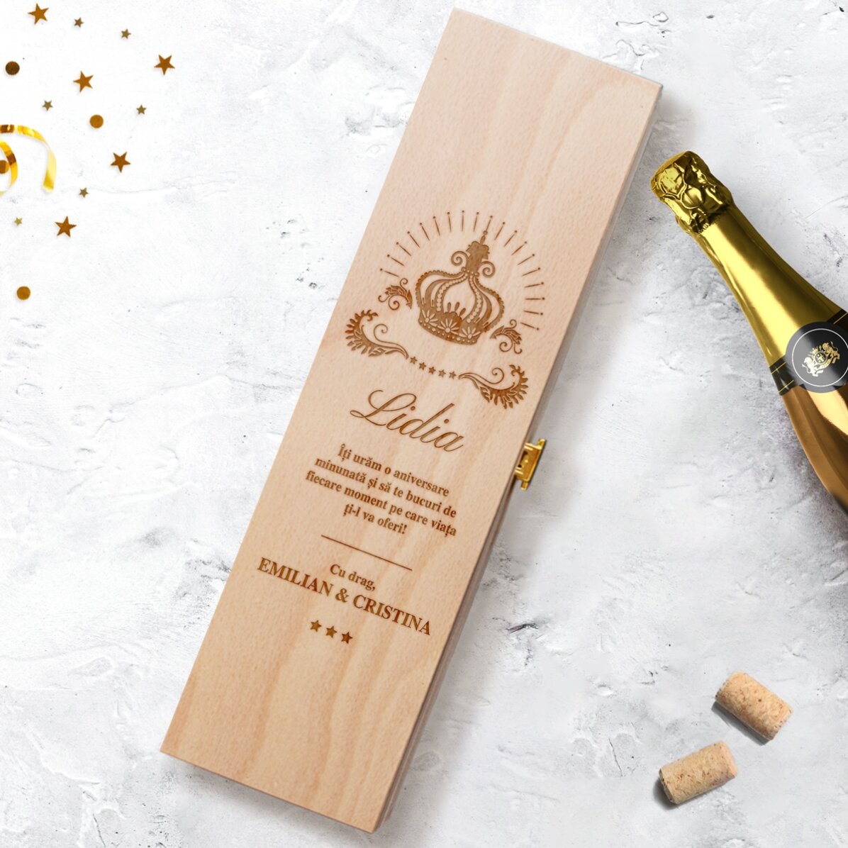 Cutie de vin spumant personalizată cu text - Crown