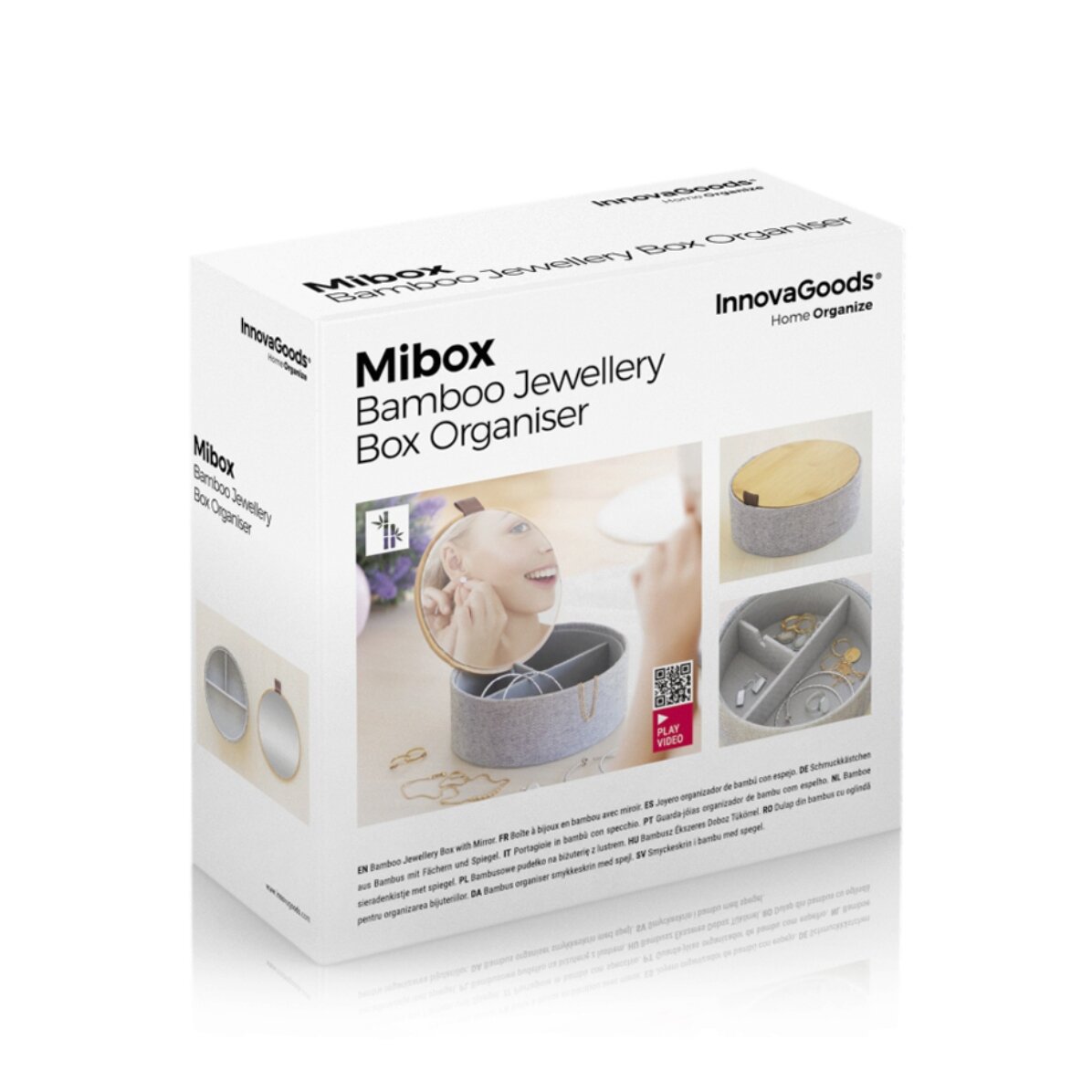 Cutie pentru bijuterii din bambus cu organizator și oglindă
