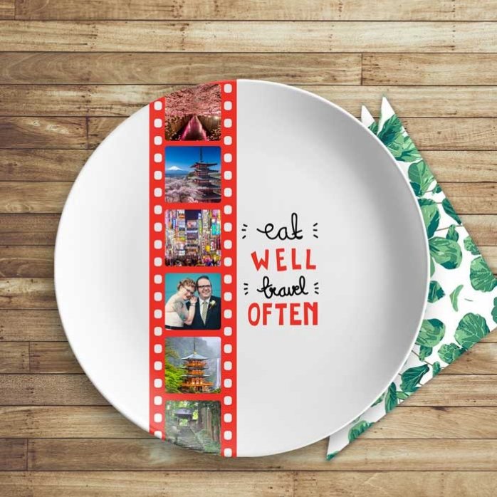 Farfurie personalizată cu 6 poze - Eat well, travel often