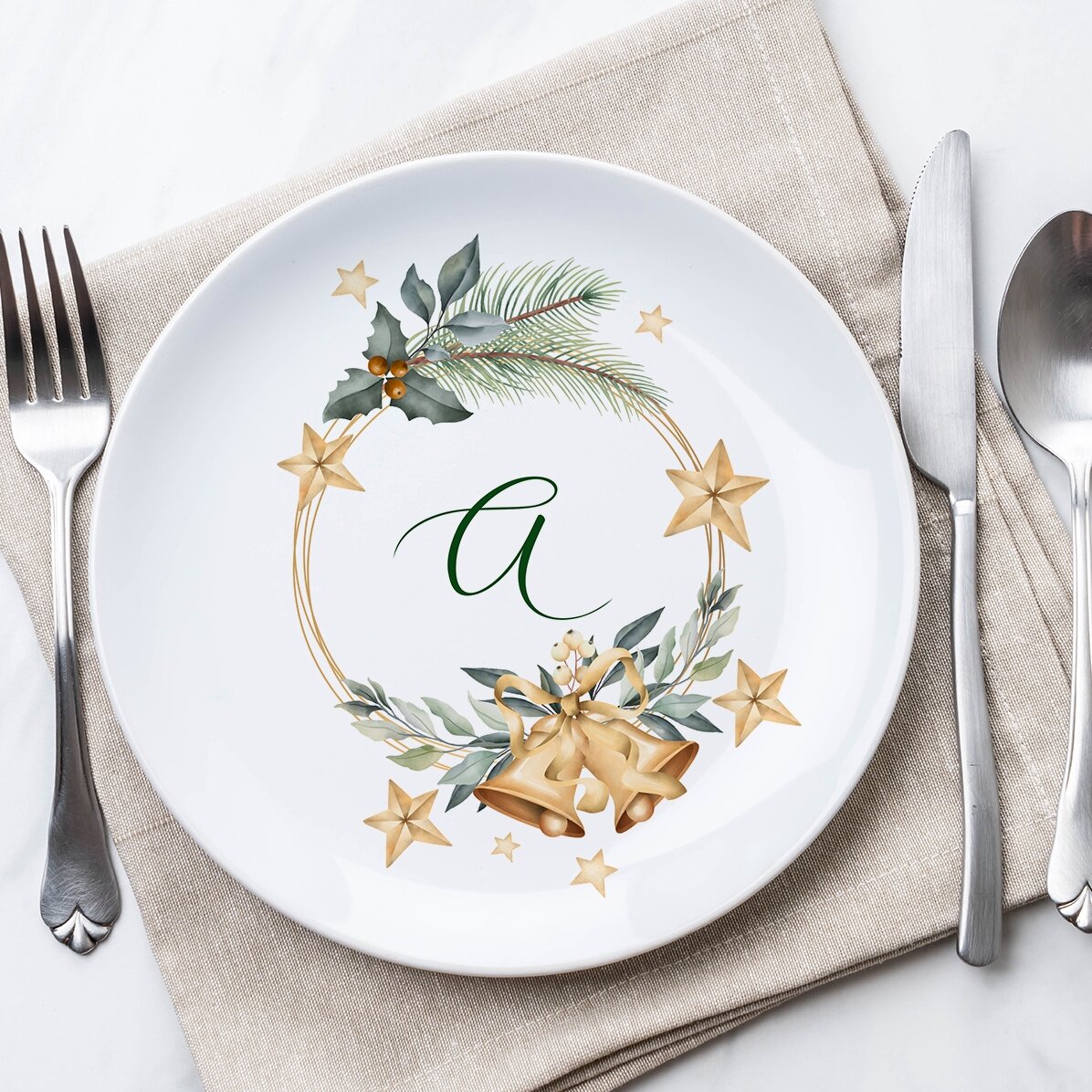 Farfurie personalizată cu inițială - Golden Christmas Bells