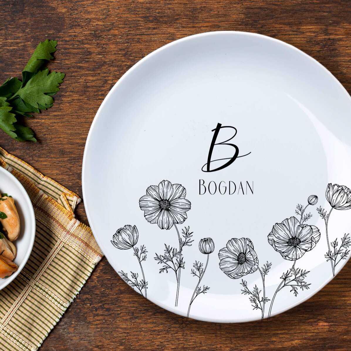 Farfurie personalizată cu initială și text - Flowers