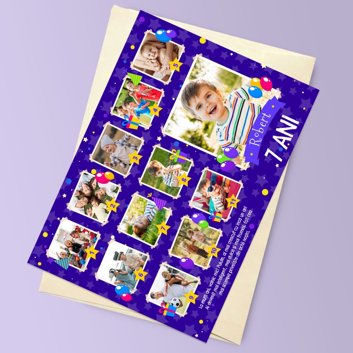 Felicitare magnetică personalizată cu 12 poze și mesaj pentru copii - Zi de naștere