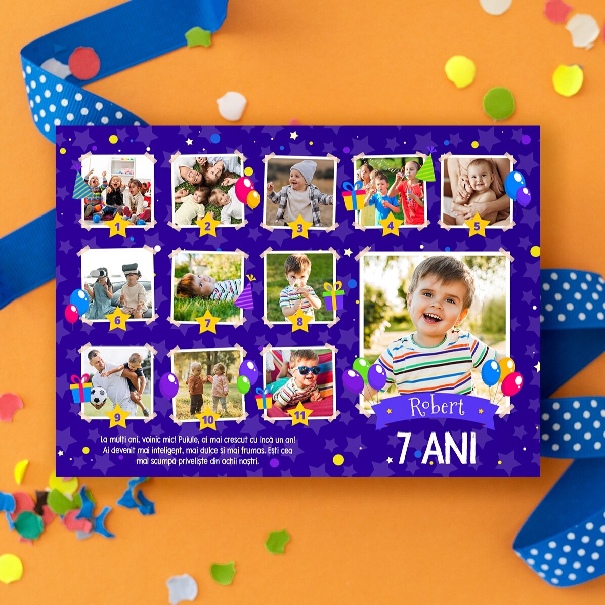 Felicitare magnetică personalizată cu 12 poze și mesaj pentru copii - Zi de naștere