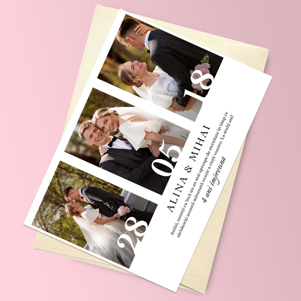 Felicitare magnetică personalizată cu 3 poze și text pentru aniversare căsătorie