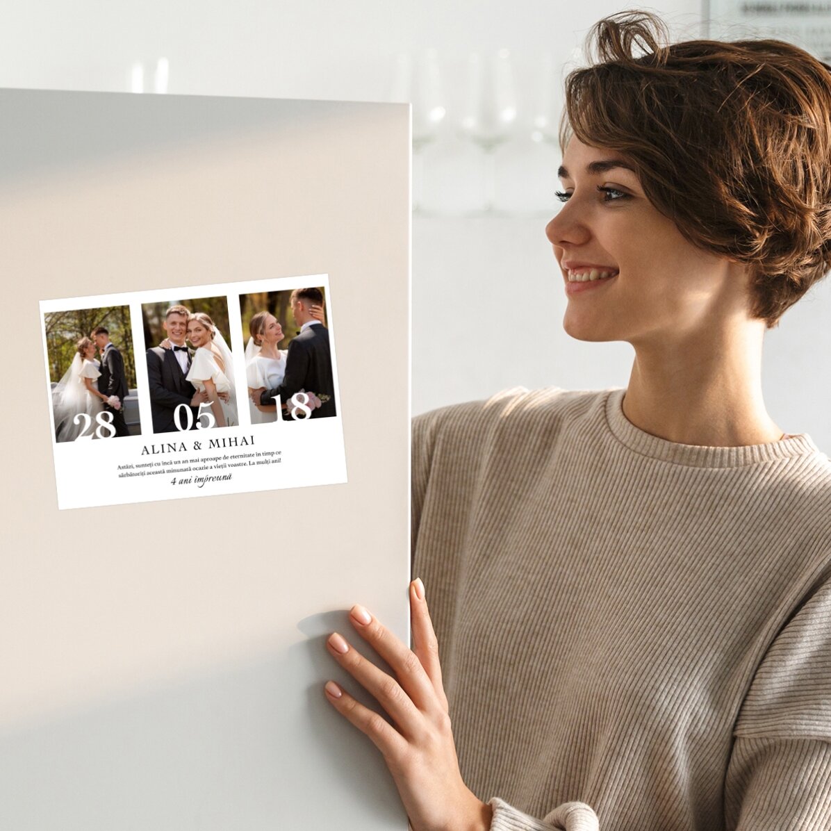 Felicitare magnetică personalizată cu 3 poze și text pentru aniversare căsătorie