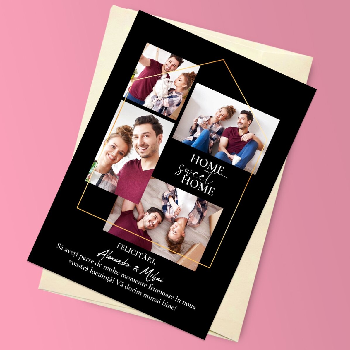 Felicitare magnetică personalizată cu 4 poze și text pentru casă nouă