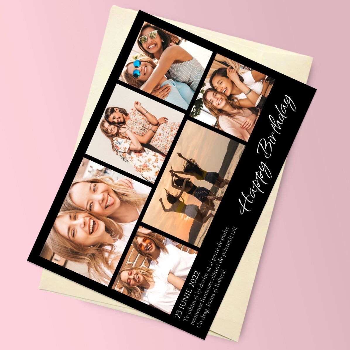 Felicitare magnetică personalizată cu 6 poze și fundal colorat