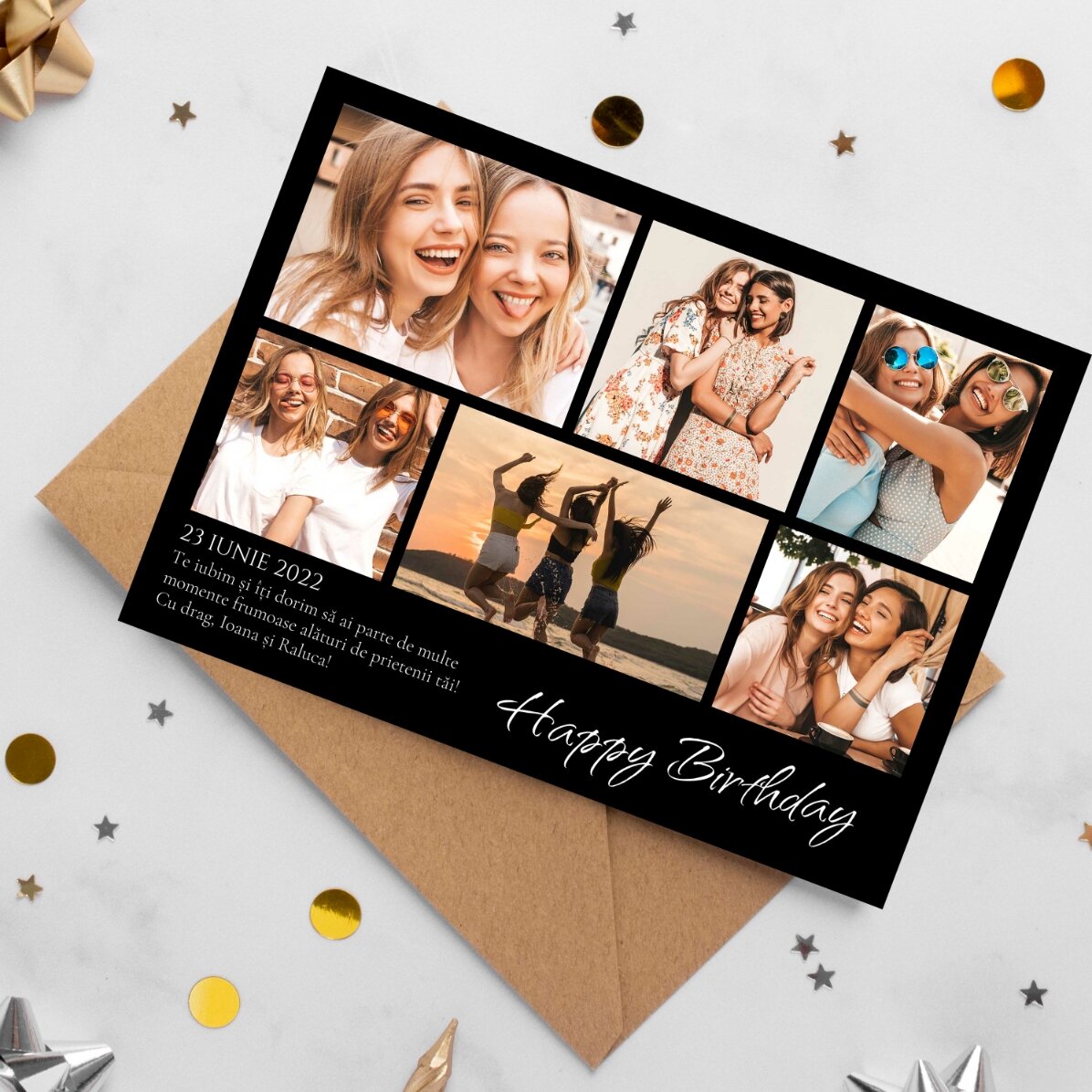 Felicitare magnetică personalizată cu 6 poze și fundal colorat