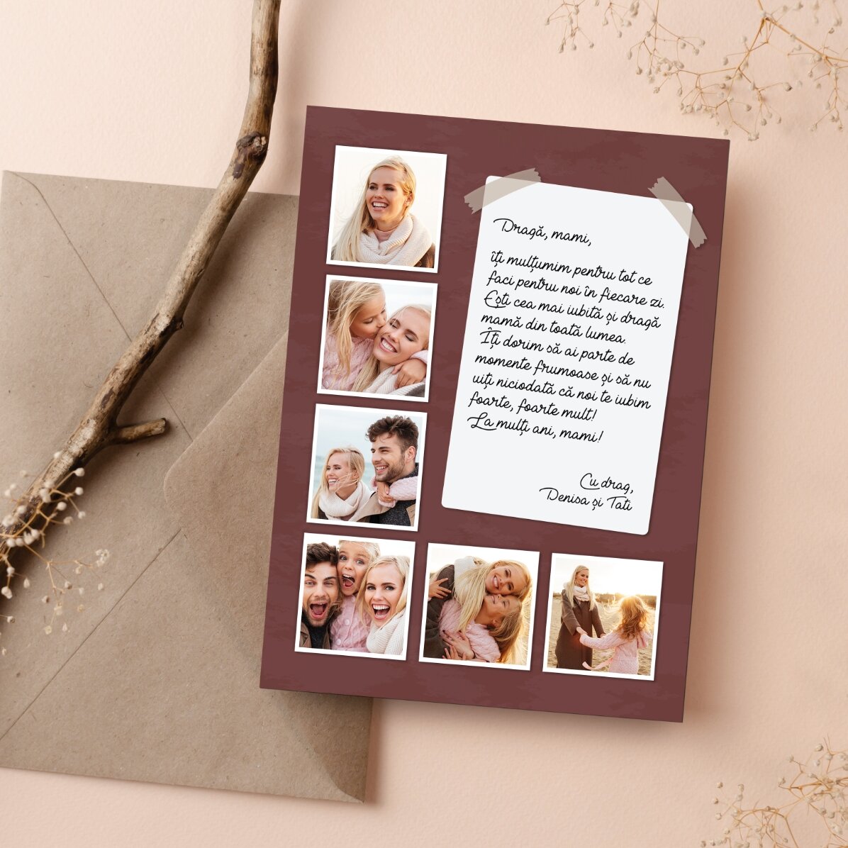 Felicitare magnetică personalizată cu 6 poze și mesaj lung