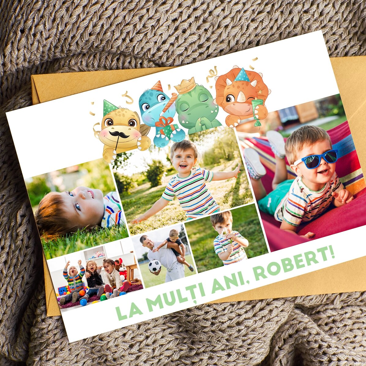 Felicitare magnetică personalizată cu 6 poze și text - Dinozauri