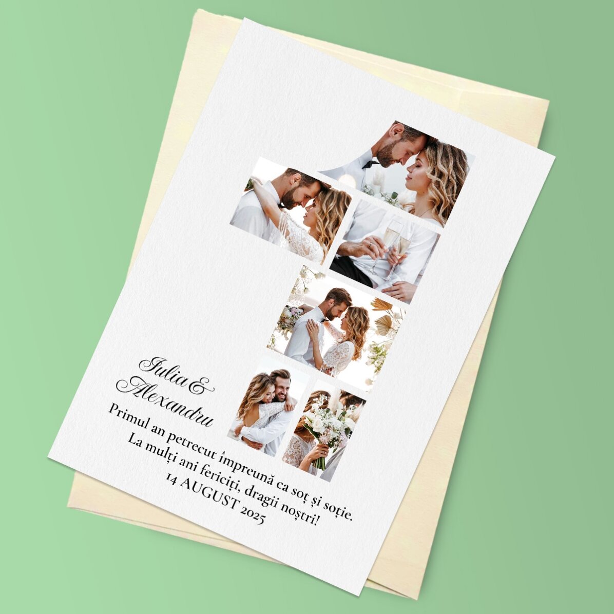 Felicitare magnetică personalizată cu 6 poze și text pentru aniversarea primului an