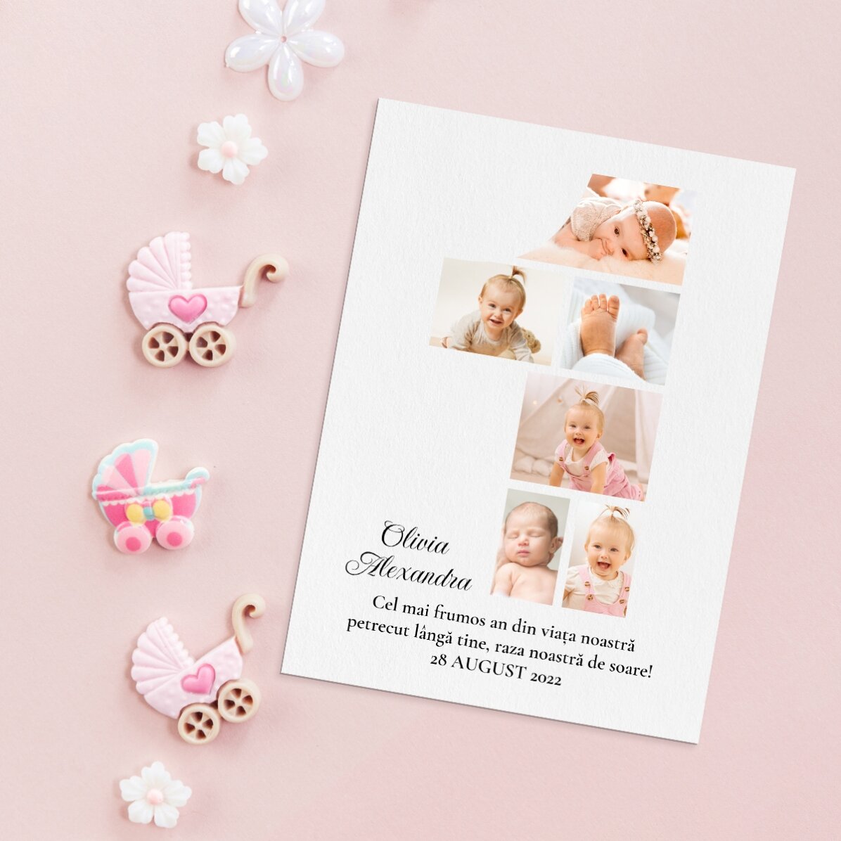 Felicitare magnetică personalizată cu 6 poze și text pentru aniversarea primului an