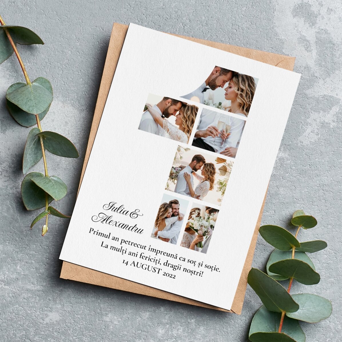 Felicitare magnetică personalizată cu 6 poze și text pentru aniversarea primului an