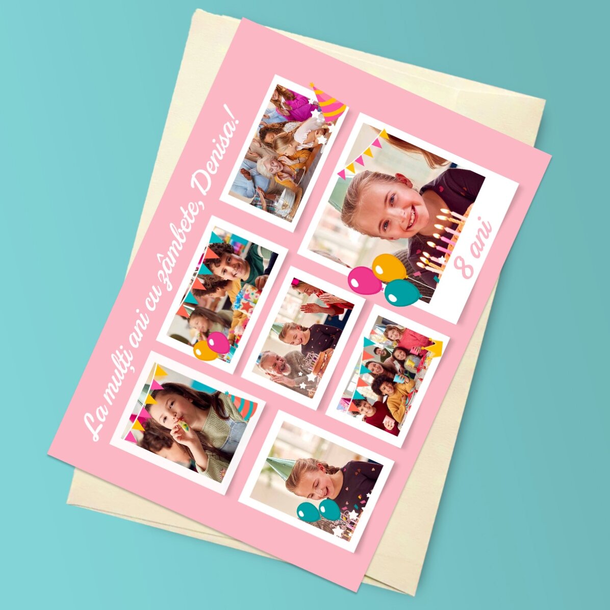 Felicitare magnetică personalizată cu 7 poze și mesaj  pentru copii