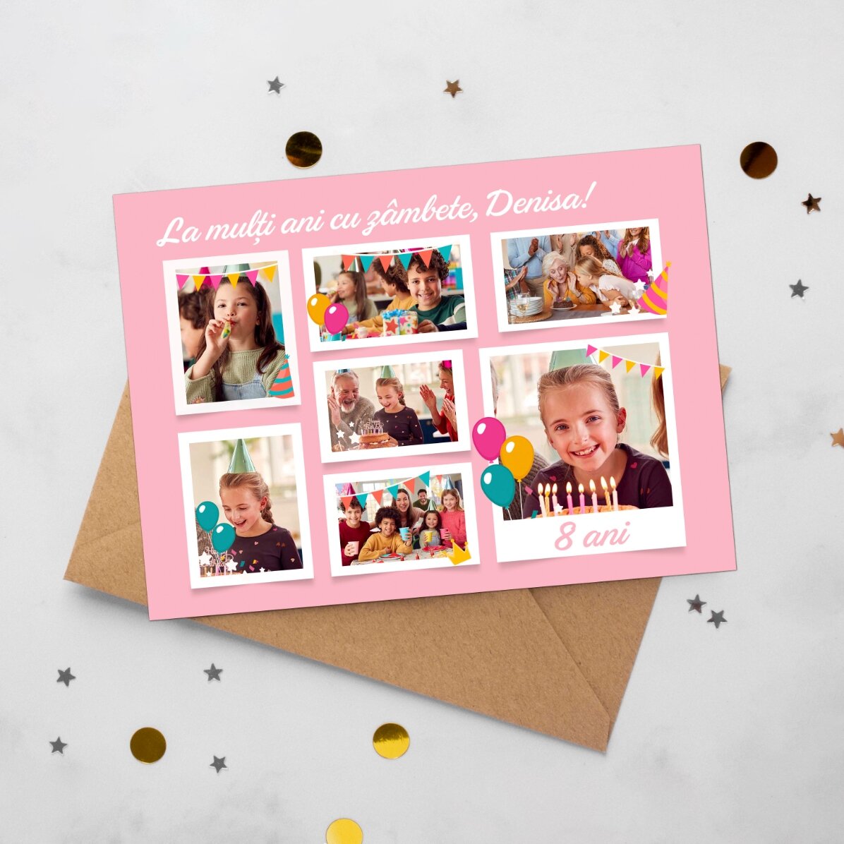 Felicitare magnetică personalizată cu 7 poze și mesaj  pentru copii