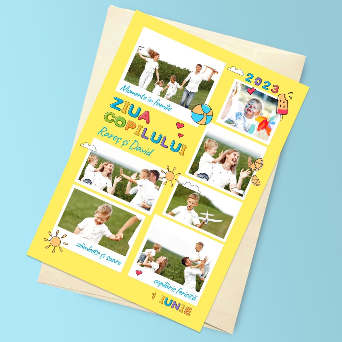 Felicitare magnetică personalizată cu 7 poze și mesaj - Ziua copilului