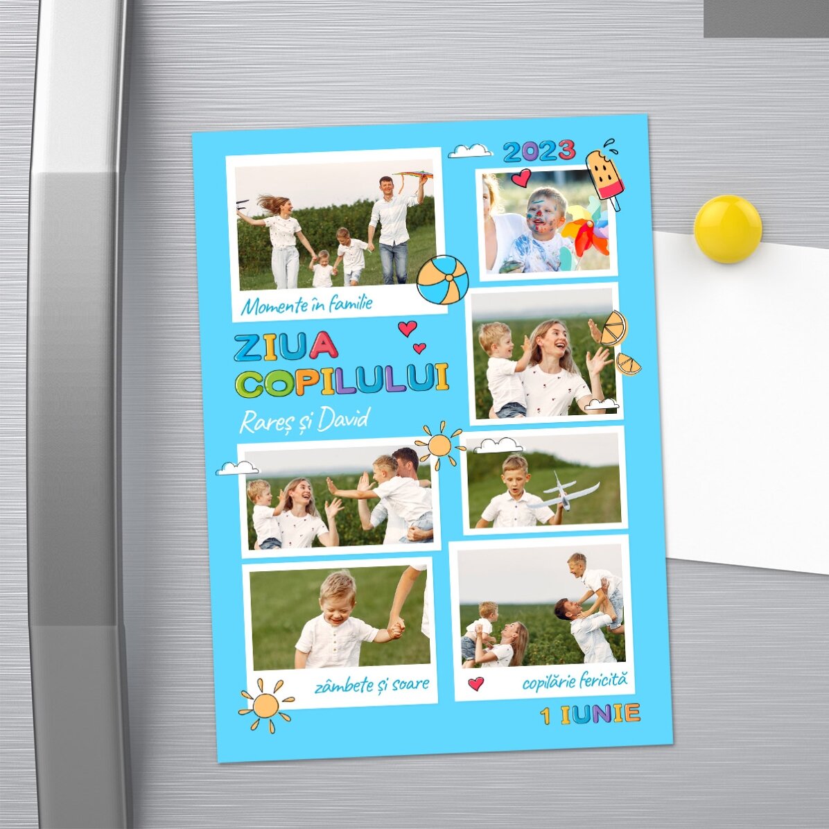 Felicitare magnetică personalizată cu 7 poze și mesaj - Ziua copilului