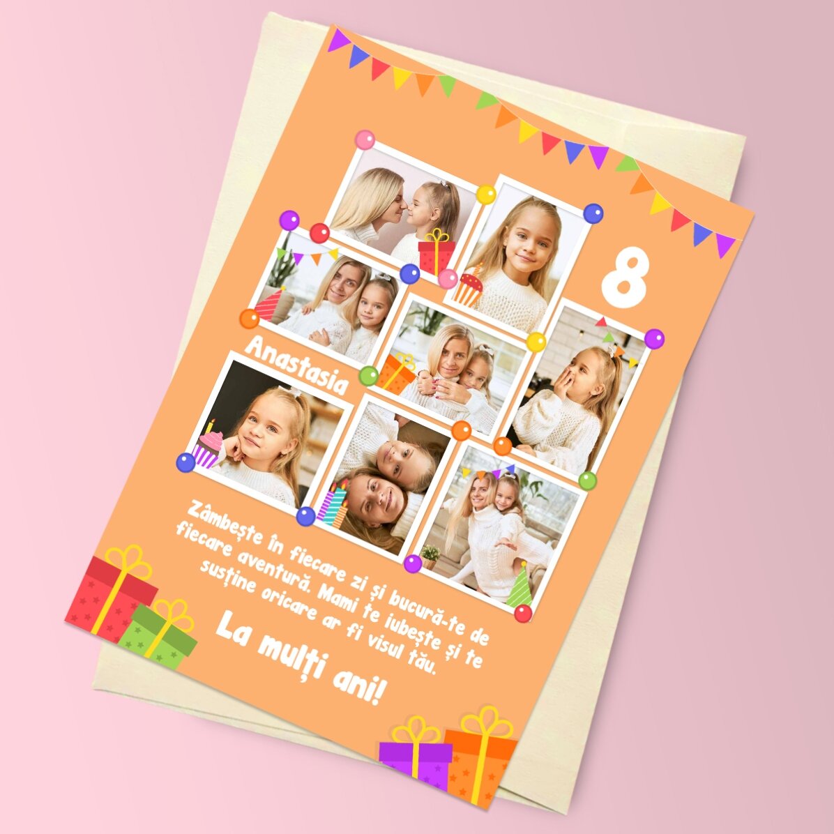 Felicitare magnetică personalizată cu 8 poze și mesaj pentru copii - Zi de naștere