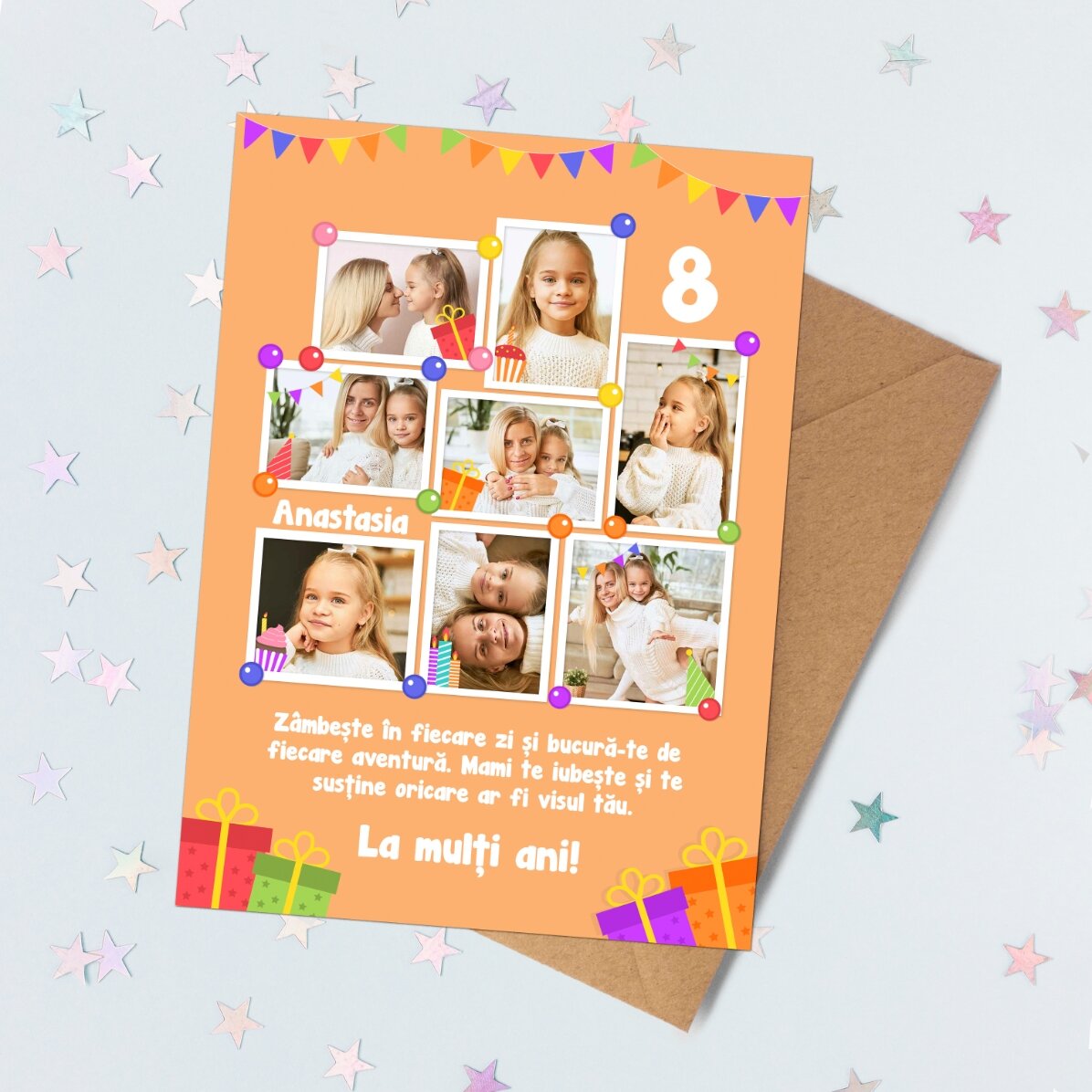 Felicitare magnetică personalizată cu 8 poze și mesaj pentru copii - Zi de naștere