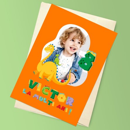 Felicitare magnetică personalizată cu o poză, cifră și text - Dinozaur