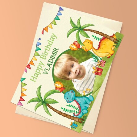 Felicitare magnetică personalizată cu o poză și mesaj pentru copii - Dinozauri